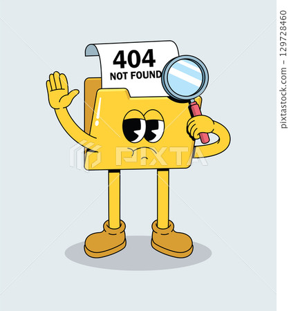 Cartoon Folder Mascot with 404 Not Found Error and Magnifying Glass 129728460