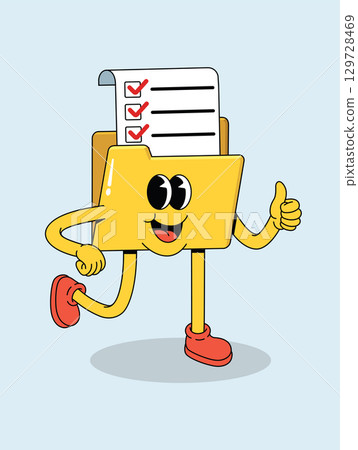 Happy Cartoon Folder Character Holding a Completed Checklist and Giving Thumbs Up Representing Productivity Happy Cartoon Folder Character Holding a Completed Checklist and Giving Thumbs Up Representing Productivity 129728469