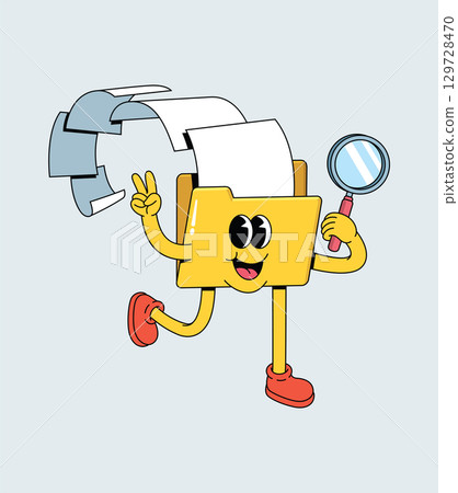 Confused Cartoon Folder Mascot Searching with Magnifying Glass and 404 Not Found Sign Confused Cartoon Folder Mascot Searching with Magnifying Glass and 404 Not Found Sign 129728470