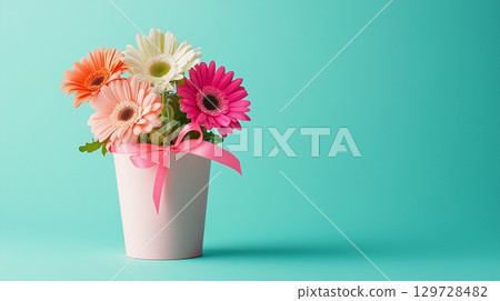 Colorful daisy flower on paper bouquet no plastic disposable container 129728482