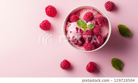 Raspberry fruit jam on paper basket container delivery take away, flat lay copy space 129728504