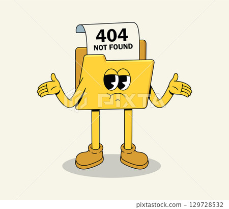Confused Retro Cartoon Folder Character with 404 Not Found Sign Shrugging Confused Retro Cartoon Folder Character with 404 Not Found Sign Shrugging 129728532