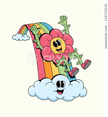 Happy Retro Flower Character Sliding Down Rainbow into Smiling Cloud 129728540