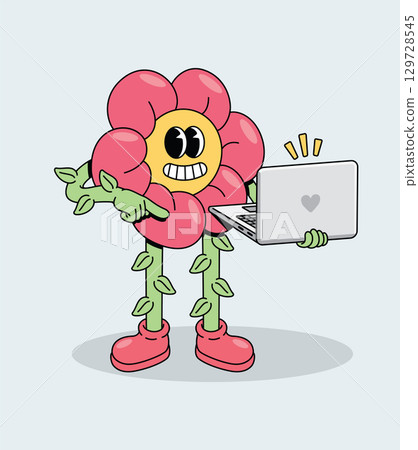Happy Groovy Cartoon Flower Character Using Laptop 129728545