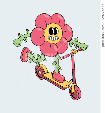 Energetic Flower Character Riding a Kick Scooter Energetic Flower Character Riding a Kick Scooter 129728546