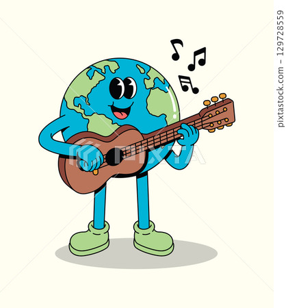 Happy Groovy Cartoon Earth Character Playing Acoustic Guitar with Musical Notes 129728559