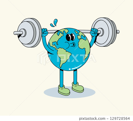 Cartoon Earth character straining and sweating while lifting a heavy barbell overhead, symbolizing global strength and resilience 129728564