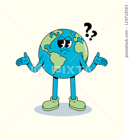 Cartoon Earth Character Shrugging Shoulders with Question Marks, Confused and Perplexed 129728565
