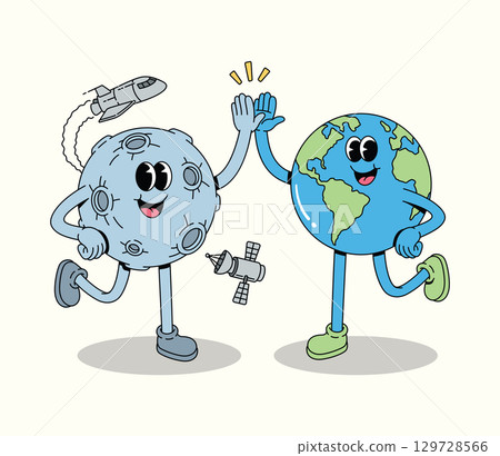Happy Groovy Cartoon Earth and Moon High-Fiving with Space Elements 129728566
