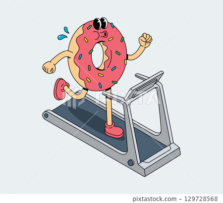 Cartoon Donut Character Running on Treadmill, Humorous Fitness Concept Cartoon Donut Character Running on Treadmill, Humorous Fitness Concept 129728568