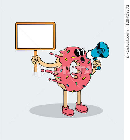 Sweet Cartoon Donut Character Holding a Blank Sign and Megaphone Sweet Cartoon Donut Character Holding a Blank Sign and Megaphone 129728572