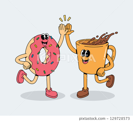 Happy Groovy Cartoon Donut and Coffee Cup High Fiving Cheerfully 129728573