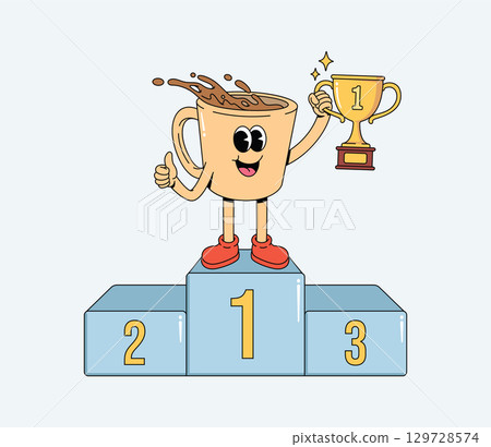 Groovy Cartoon coffee cup character celebrating victory on podium with gold trophy and thumbs up, happy success concept 129728574