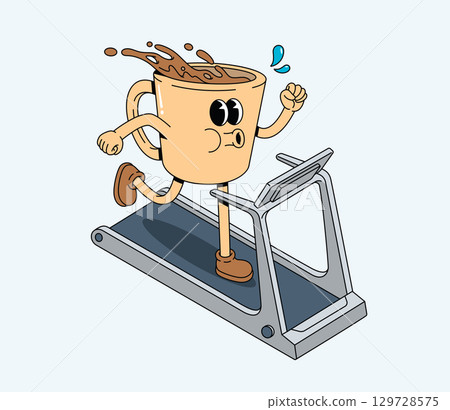 Energetic Groovy Cartoon Coffee Cup Character Running on Treadmill, Dynamic Humorous Illustration 129728575