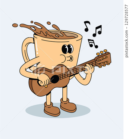 Cartoon Coffee Cup Character Playing Guitar with Splashing Coffee and Musical Notes, Fun Mascot Illustration Cartoon Coffee Cup Character Playing Guitar with Splashing Coffee and Musical Notes, Fun Mascot Illustration 129728577