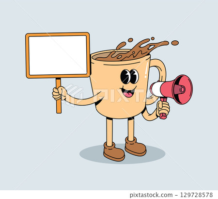 Happy Cartoon Coffee Cup Character Holding Blank Sign and Megaphone 129728578