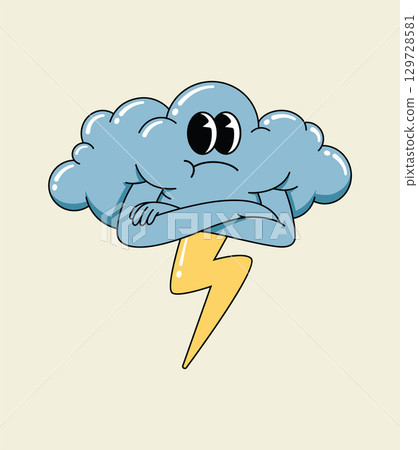 Groovy Cartoon Cloud Character with Arms Crossed and a Lightning Bolt, Depicting a Stormy Mood 129728581