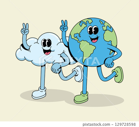 Friendly Retro Cartoon Cloud and Earth Characters Walking Together Showing Peace Sign 129728598
