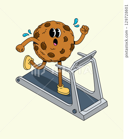Cartoon Chocolate Chip Cookie Running on Treadmill, Sweating, Humorous Exercise Concept 129728601