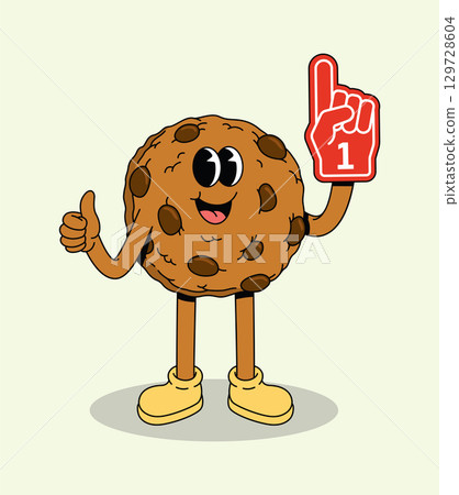 Happy Chocolate Chip Cookie Character Giving Thumbs Up and Holding Number One Foam Finger Happy Chocolate Chip Cookie Character Giving Thumbs Up and Holding Number One Foam Finger 129728604