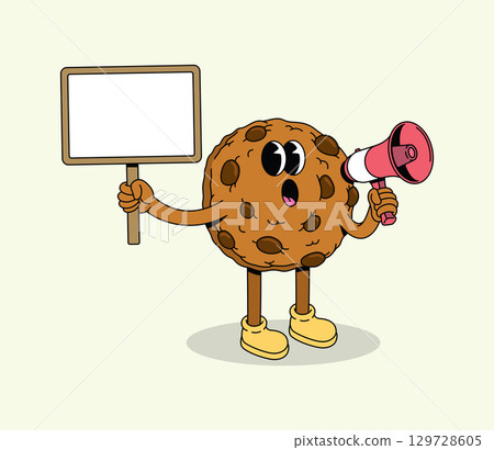 Expressive Chocolate Chip Cookie Mascot Holding Blank Sign and Megaphone, isolated Expressive Chocolate Chip Cookie Mascot Holding Blank Sign and Megaphone, isolated 129728605