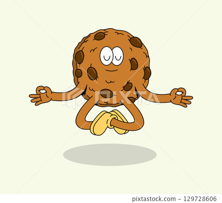 Peaceful Cartoon Cookie Character Meditating in a Lotus Pose, Floating Calmly Peaceful Cartoon Cookie Character Meditating in a Lotus Pose, Floating Calmly 129728606
