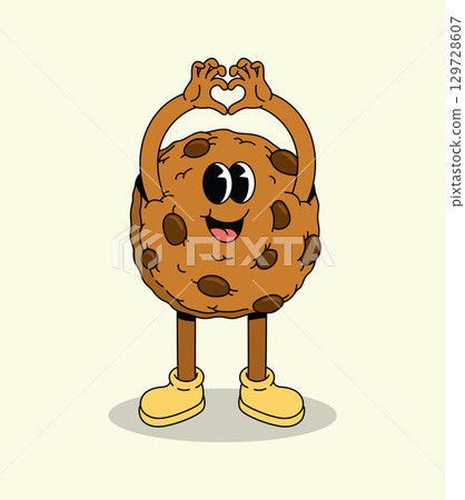 Happy cartoon cookie character making a heart shape with hands 129728607