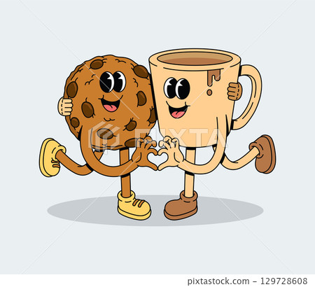 Happy Cartoon Cookie and Coffee Cup Characters Forming Heart Shape 129728608