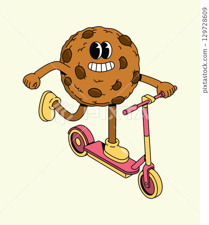 Cheerful Groovy Cartoon Cookie Character Riding a Kick Scooter Cheerful Groovy Cartoon Cookie Character Riding a Kick Scooter 129728609