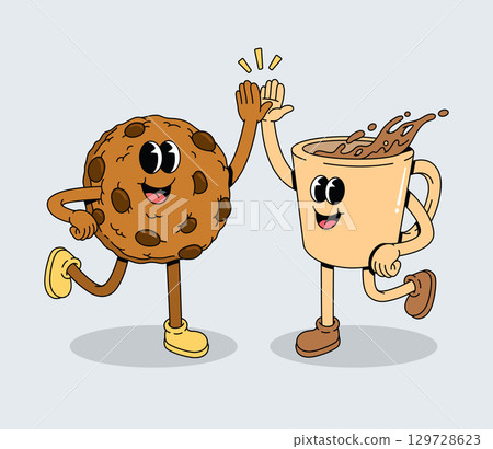 Happy Cartoon Cookie Character and Coffee Cup Character Giving a High Five, Celebrating Friendship 129728623