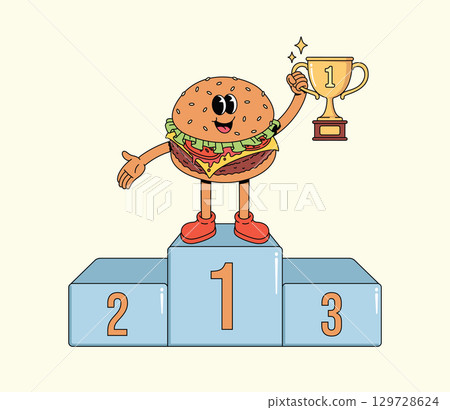 Happy Groovy Cartoon Burger Character Holding Gold Trophy on Winner Podium 129728624