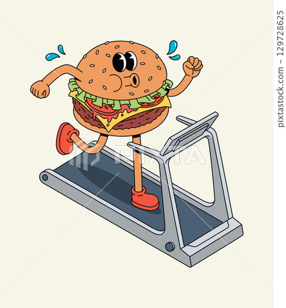 Cartoon Burger Character Sweating and Running on a Treadmill for Exercise and Fitness Cartoon Burger Character Sweating and Running on a Treadmill for Exercise and Fitness 129728625
