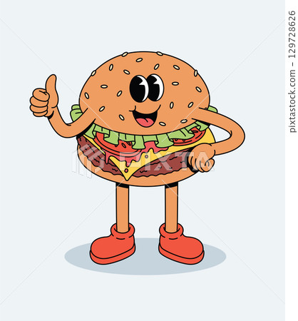 Happy Retro Groovy Cartoon Hamburger Character Giving Thumbs Up Happy Retro Groovy Cartoon Hamburger Character Giving Thumbs Up 129728626