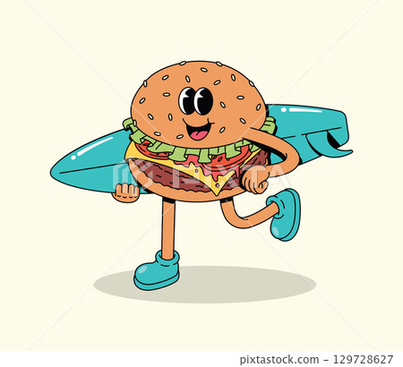 Happy Groovy Cartoon Hamburger Character Running with Surfboard Happy Groovy Cartoon Hamburger Character Running with Surfboard 129728627