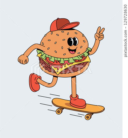 Cool Cartoon Hamburger Character Riding Skateboard and Wearing Cap Cool Cartoon Hamburger Character Riding Skateboard and Wearing Cap 129728630