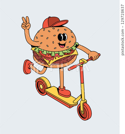 Energetic Cartoon Hamburger Character Riding Scooter Energetic Cartoon Hamburger Character Riding Scooter 129728637