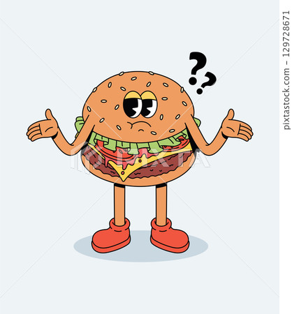 Confused Groovy Cartoon Burger Character Shrugging with Question Marks 129728671