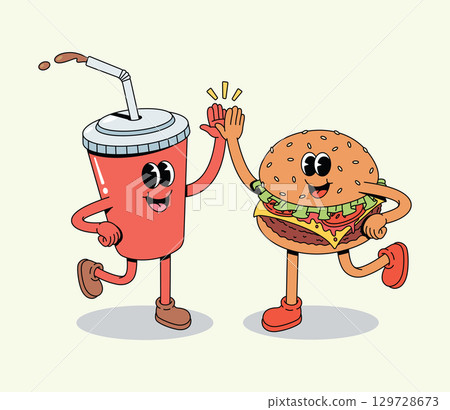Happy Groovy Cartoon Burger and Soda Cup High-Fiving Happy Groovy Cartoon Burger and Soda Cup High-Fiving 129728673