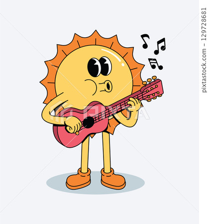 Cheerful Retro Groovy Cartoon Sun Playing Guitar with Musical Notes 129728681