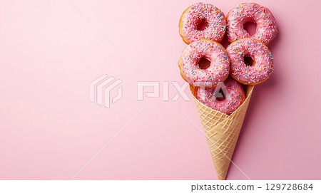 Donut waffle wrapped with topping strawberry on waffle flat cone wrapped copy space background 129728684