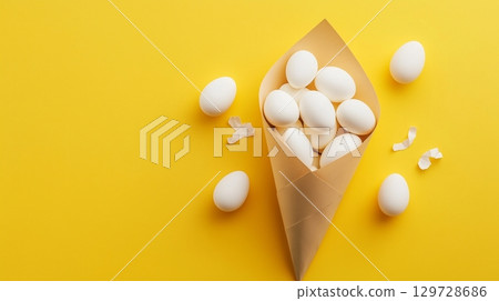 Egg chicken on brown paper cone wrapped container eco friendly no plastic copy space 129728686