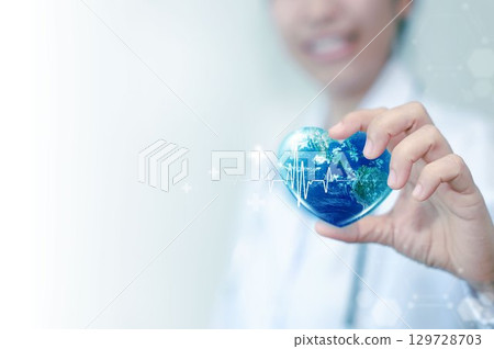 World heart day. health care medical focus heartbeat for checking the function of the patient heart. health insurance, love. heart attack and cardiology. elements of this image furnished by NASA. 129728703