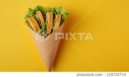 Sandwich with chicken meat, tomato and lettuce on paper cone wrap delivery take away 129728714