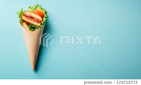 Sandwich with chicken meat, tomato and lettuce on paper cone wrap delivery take away 129728715