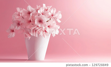 Cherry blossoms flower on paper wrap cone bag delivery on pink background 129728849