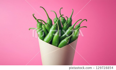 Green chili pepper on brown paper wrapping cone package grocery traditional market 129728854