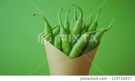 Green chili pepper on brown paper wrapping cone package grocery traditional market 129728857