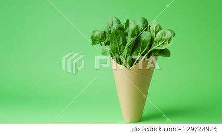 Spinach  vegetable on brown paper grocery cone bag eco friendly package 129728923