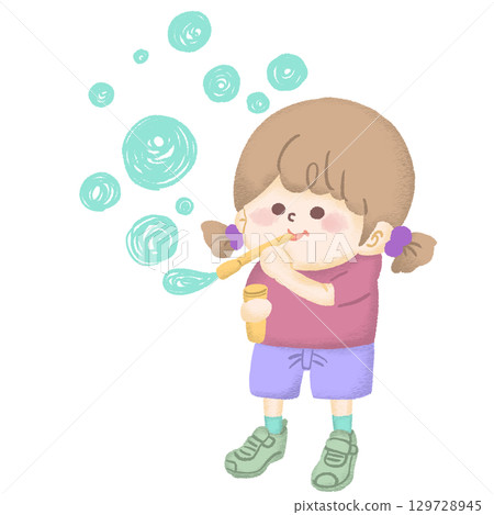 吹泡泡的女孩的插圖 吹泡泡的女孩的插圖 129728945