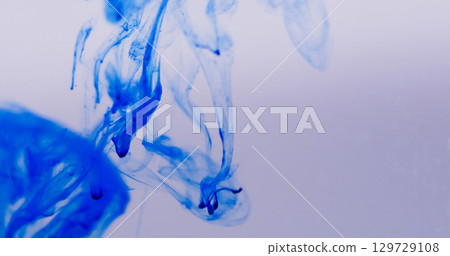 Ink fume. Smoke swirl. Blue pigment dripping color water blur vapor splash mix. Art mist dye blob abstract white liquid background stream. Ink fume. Smoke swirl. Blue pigment dripping color water blur vapor splash mix. Art mist dye blob abstract white liquid background stream. 129729108